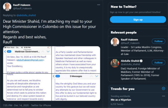 Gotabaya Rajapaksa Rauff Hakeem Muslim bodies to be buried in Maldives 