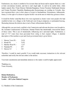 Rishad Bathiudeen letter to the Election Commission regarding the right to vote in the North